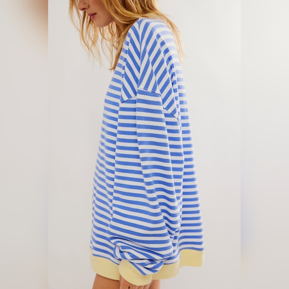 Free People Classic Striped Oversized Crewneck Blue and White, Yellow Trim NWOT - Picture 5 of 11